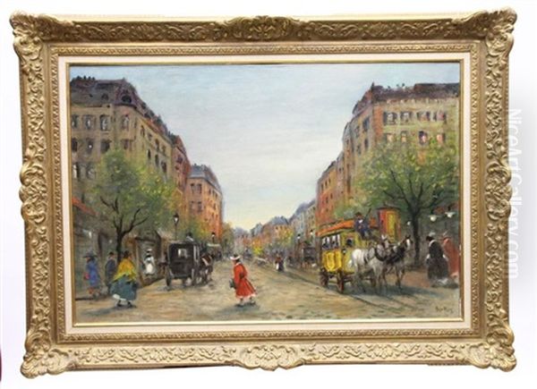 Rue Animee Aux Fiacres Oil Painting by Antal Berkes