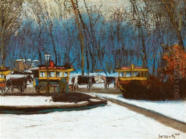 Horse Buses In Varosliget Oil Painting by Antal Berkes