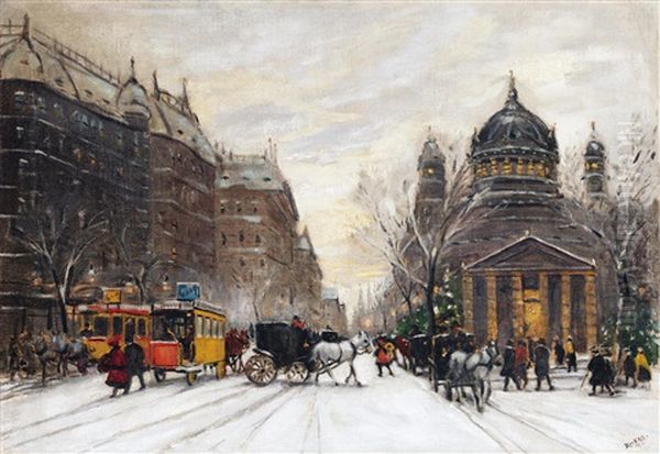 Winter Street In The City Oil Painting by Antal Berkes