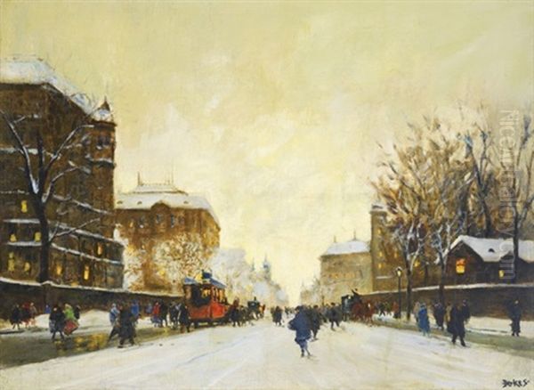 Budapest At Winter Oil Painting by Antal Berkes