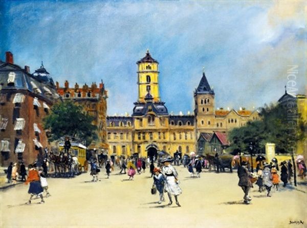 Early Autumn Mood On A City Square Oil Painting by Antal Berkes