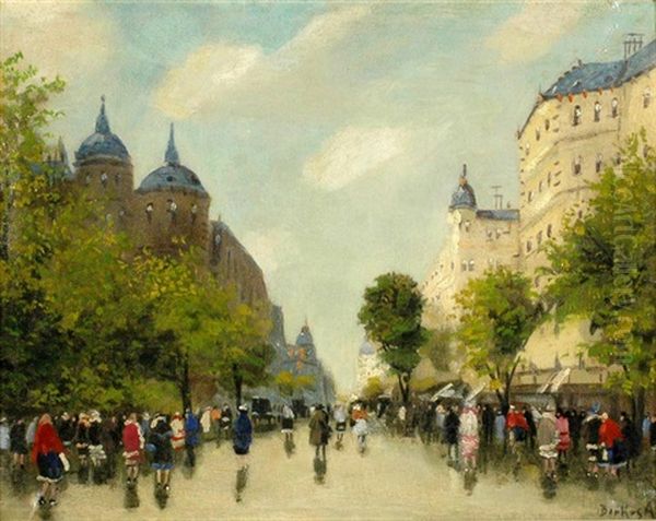 Boulevard In Budapest Oil Painting by Antal Berkes