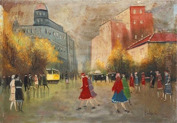 Herbstliche Strasenszene In Budapest Oil Painting by Antal Berkes