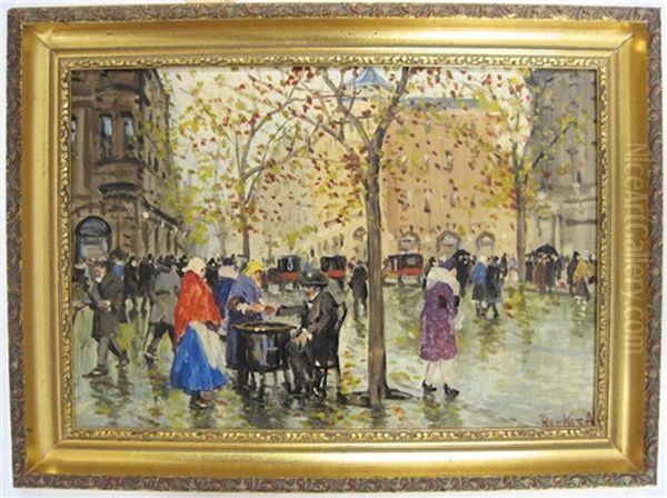 Depicting A City Street Scene In Autumn Oil Painting by Antal Berkes