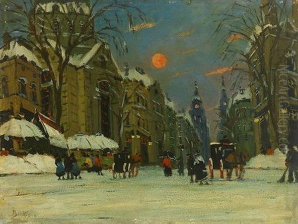 Strasenszene Mit Zahlreichen Passanten Und Fuhrwerk Im Winter Oil Painting by Antal Berkes