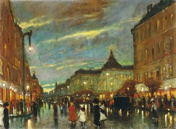 Esti Fenyek A Koruton (evening Lights On The Boulevarde) Oil Painting by Antal Berkes