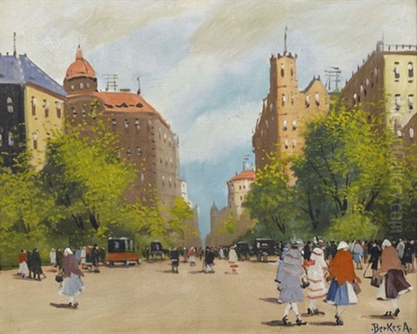 Belebte Strassenszene Oil Painting by Antal Berkes