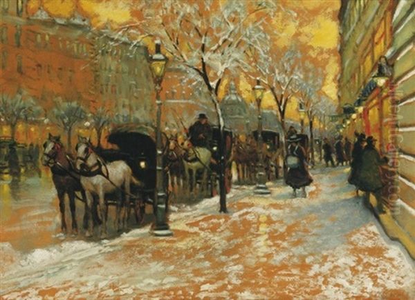 Esti Fenyek A Boulevarde-on Fiakerekkel (evening Lights On The Boulevard With Four-wheelers) Oil Painting by Antal Berkes