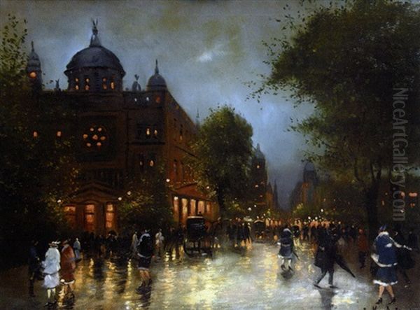 Animation Dans Les Rues De Paris, La Nuit Oil Painting by Antal Berkes