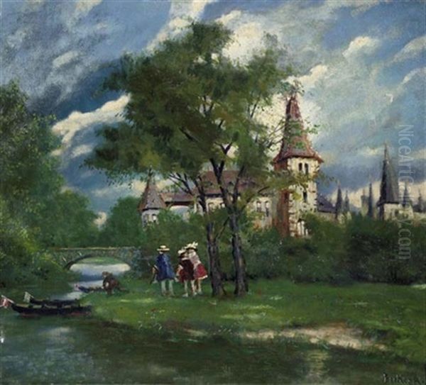 Kinder Im Park Spielend Oil Painting by Antal Berkes