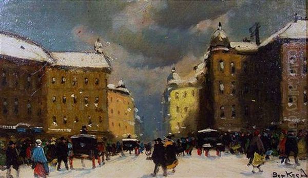 Flaneure Auf Winterlichem Boulevard Oil Painting by Antal Berkes