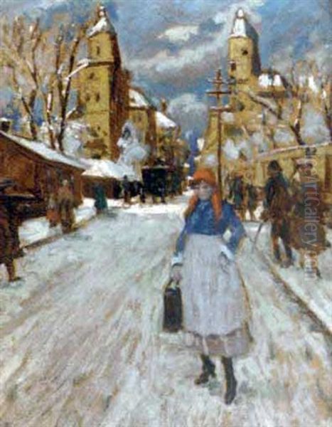 Figures In A Winter Street Scene Oil Painting by Antal Berkes