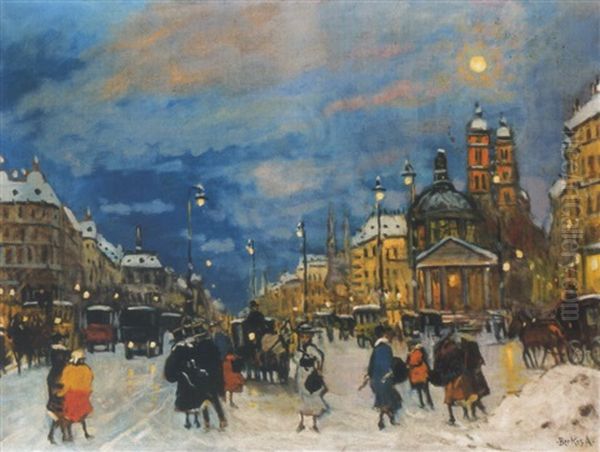 Nagyvarosi Utca (street In The City) Oil Painting by Antal Berkes