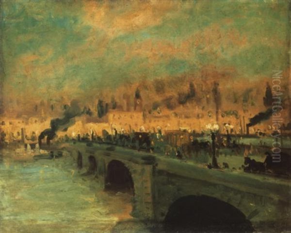 A Parizsi Szajna-part Lampagyujtaskor (the Banks Of The Seine In Paris By Lamplight) Oil Painting by Antal Berkes