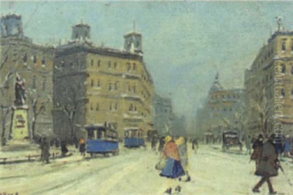 Winter In Paris Mit Personenstaffage Oil Painting by Antal Berkes