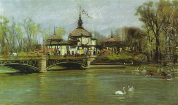 Stadtpark Von Budapest Im Fruhlingsbeginn Oil Painting by Antal Berkes