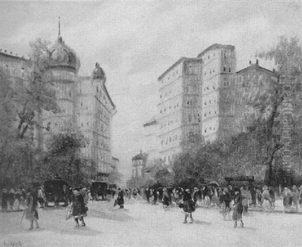 Strasenszene In Budapest Oil Painting by Antal Berkes