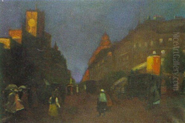 Belebter Platz In Paris Bei Abendlicht Oil Painting by Antal Berkes