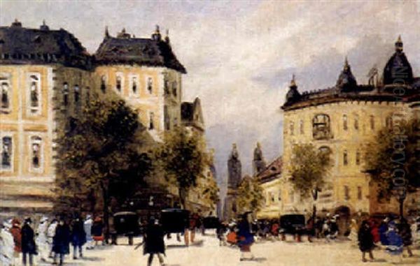 Besonnter Boulevard Mit Zahlreichen Kutschen Und Personen Oil Painting by Antal Berkes