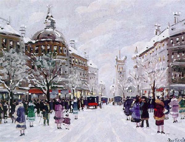 Verschneiter Boulevard Mit Lebhaftem Treiben Oil Painting by Antal Berkes