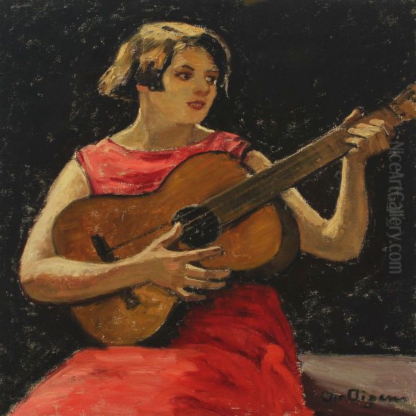 Young Girl In Red Dress Playing The Guitar Oil Painting by Christian Aigens