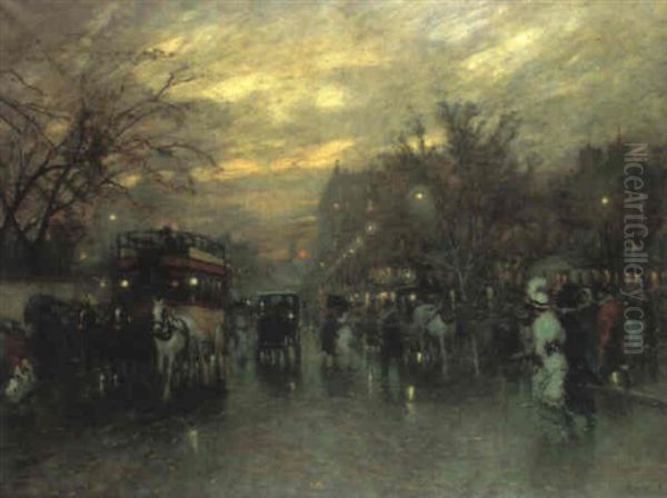 Pariser Boulevard In Der Abenddammerung Oil Painting by Antal Berkes