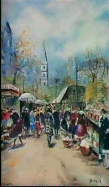 Markt In Budapest Oil Painting by Antal Berkes