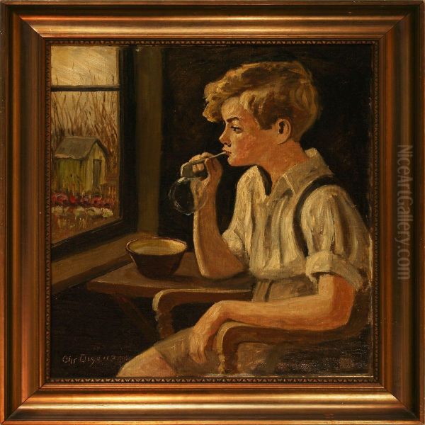 A Boy Blows Soapbubbles Oil Painting by Christian Aigens