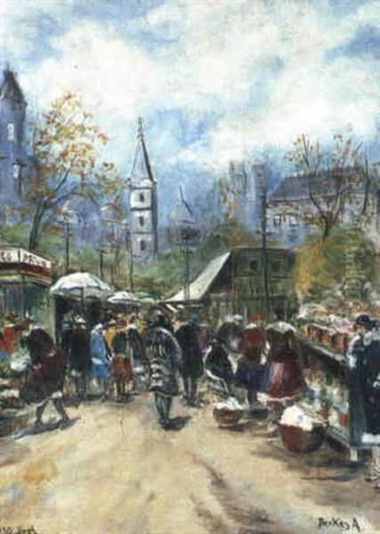 Markt In Budapest Oil Painting by Antal Berkes