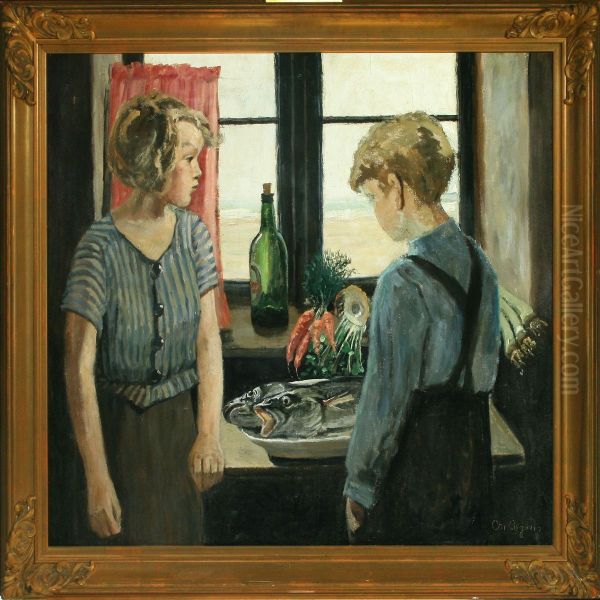 Interior With A Boy And Girl At The Window by Christian Aigens