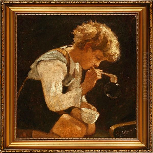 A Boy Blowing Soap Bobles Oil Painting by Christian Aigens