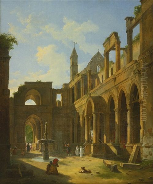 The Courtyard Of A Ruined Monastery Oil Painting by Jean-Baptiste Berlot