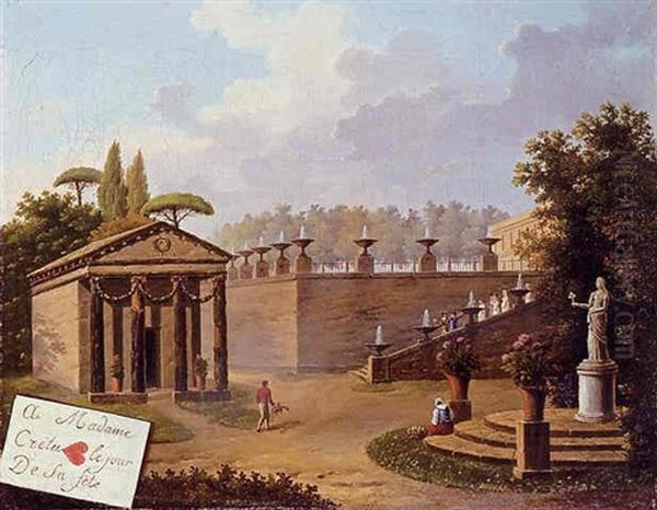 A Classical Garden Landscape With Figures, A Trompe-l'oeil Of A Playing Card In The Lower Left Hand Corner Oil Painting by Jean-Baptiste Berlot