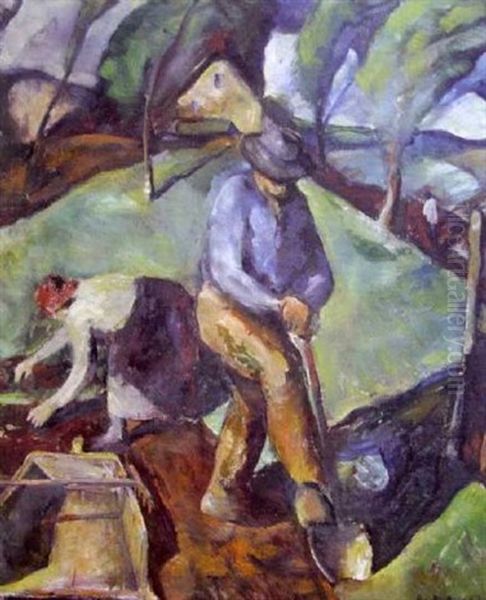 Genre Landscape With Figures Digging And Planting Oil Painting by Harry G. Berman