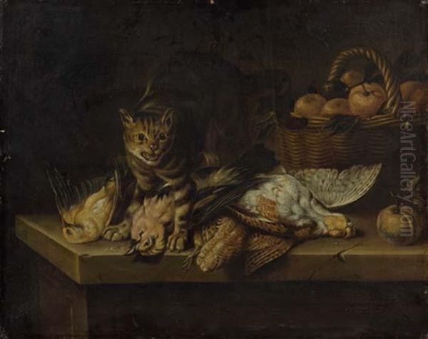 Gibier Et Chat Sur Un Entablement Oil Painting by Nicasius Bernaerts