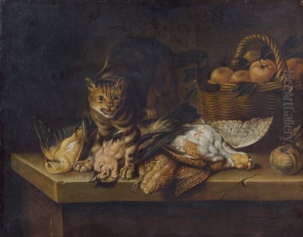 Un Chat Gardant Des Oiseaux Morts Oil Painting by Nicasius Bernaerts