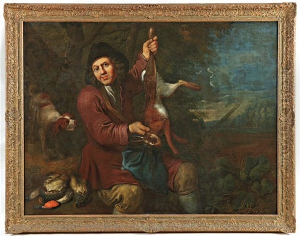 Chasseur Presentant Un Lievre, Entoure De Son Chien Et D'un Trophee De Gibiers Oil Painting by Nicasius Bernaerts