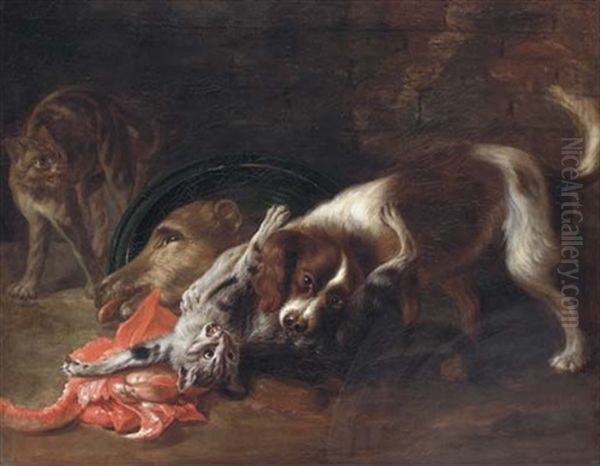 A Spaniel And A Cat Fighting, With Another Cat Looking On Oil Painting by Nicasius Bernaerts