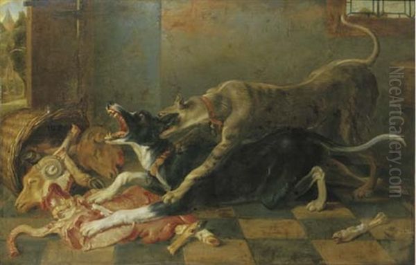 Two Dogs Fighting Over A Dead Ram Oil Painting by Nicasius Bernaerts