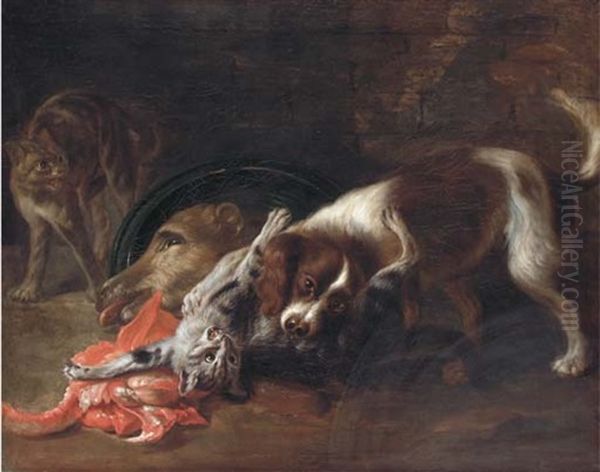 A Spaniel And A Cat Fighting With Another Cat Looking On Oil Painting by Nicasius Bernaerts