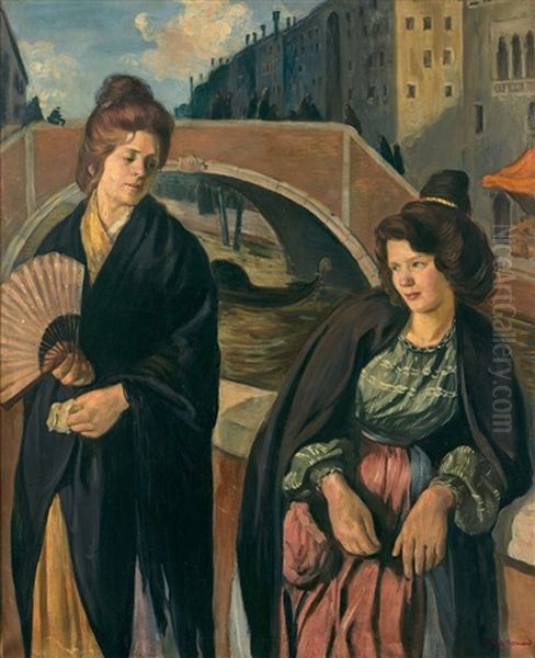 Deux Venitiennes Au Pont De La Salute Oil Painting by Emile Bernard