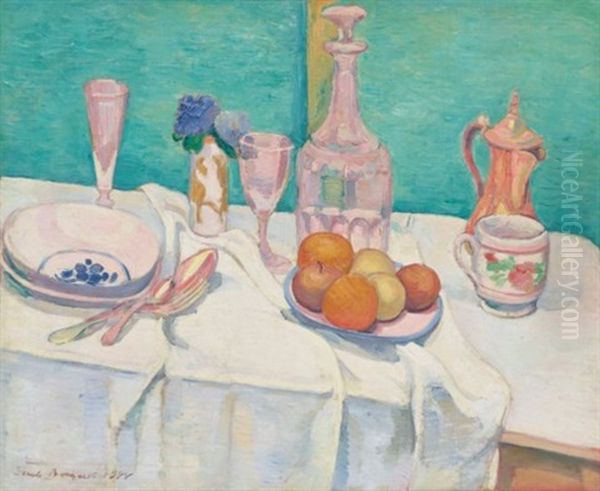 Nature Morte Aux Carafe, Verres, Fruits, Pot D'etain Sur Une Nappe Oil Painting by Emile Bernard