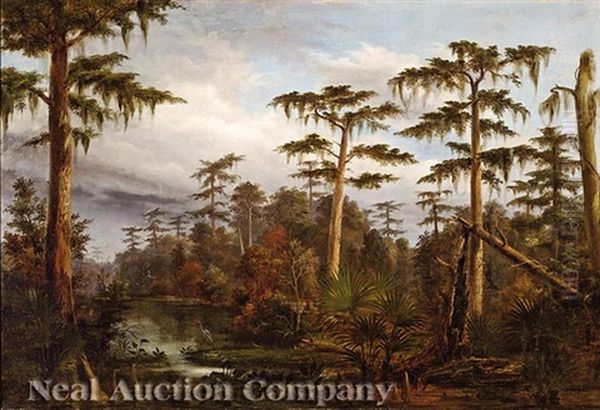 Louisiana Bayou Landscape With Alligator Oil Painting by Francois Bernard