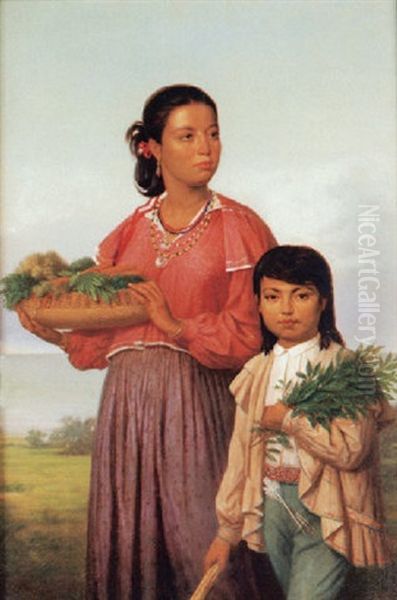 Portrait Of Two Chitimacha Indians Oil Painting by Francois Bernard