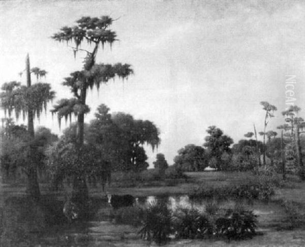 Louisiana Landscape With Cabin And Cows (near Mandeville?) Oil Painting by Francois Bernard