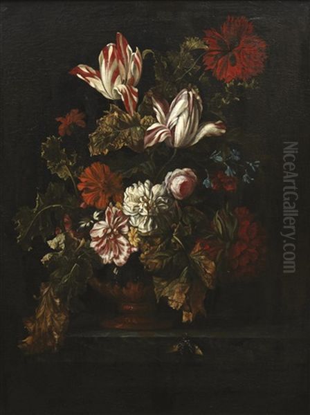 Bouquet De Fleurs Dans Un Vase Pose Sur Un Entablement Oil Painting by Jacques Samuel Bernard