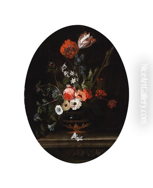 A Still Life Of Flowers On A Stone Balustrade Oil Painting by Jacques Samuel Bernard