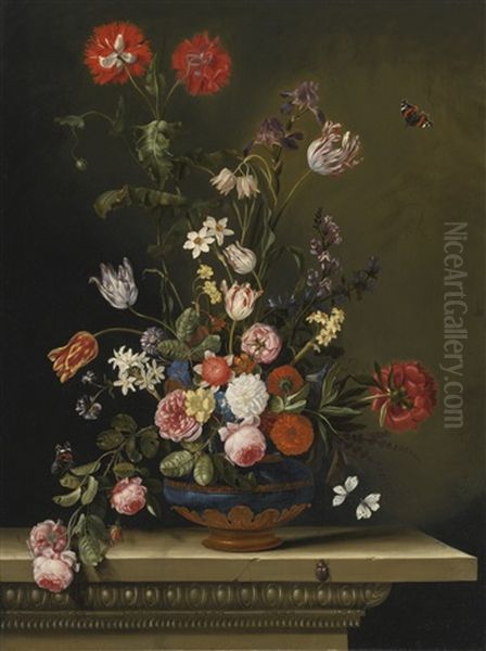 Still Life Of Roses, Tulips, Poppies, Narcissi And Other Flowers In A Lapis Lazuli Vase Resting On A Ledge, With Butterflies And A Beetle Oil Painting by Jacques Samuel Bernard