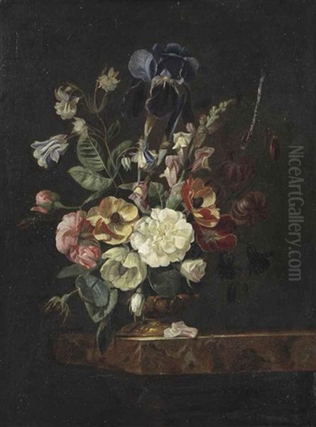 Carnations, Blue Morning Glory, Peony, Irises And Various Other Flowers In A Golden Vase On A Marble Ledge Oil Painting by Jacques Samuel Bernard