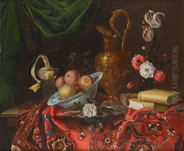 Oranges And Lemons In A Wan-li Kraak Bowl, A Peeled Lemon In A Roemer, With A Rose On A Silver Salver Beside A Chased Silver Gilt Ewer, A Glass Vase Of Flowers And Two Books On A Table Oil Painting by Jacques Samuel Bernard